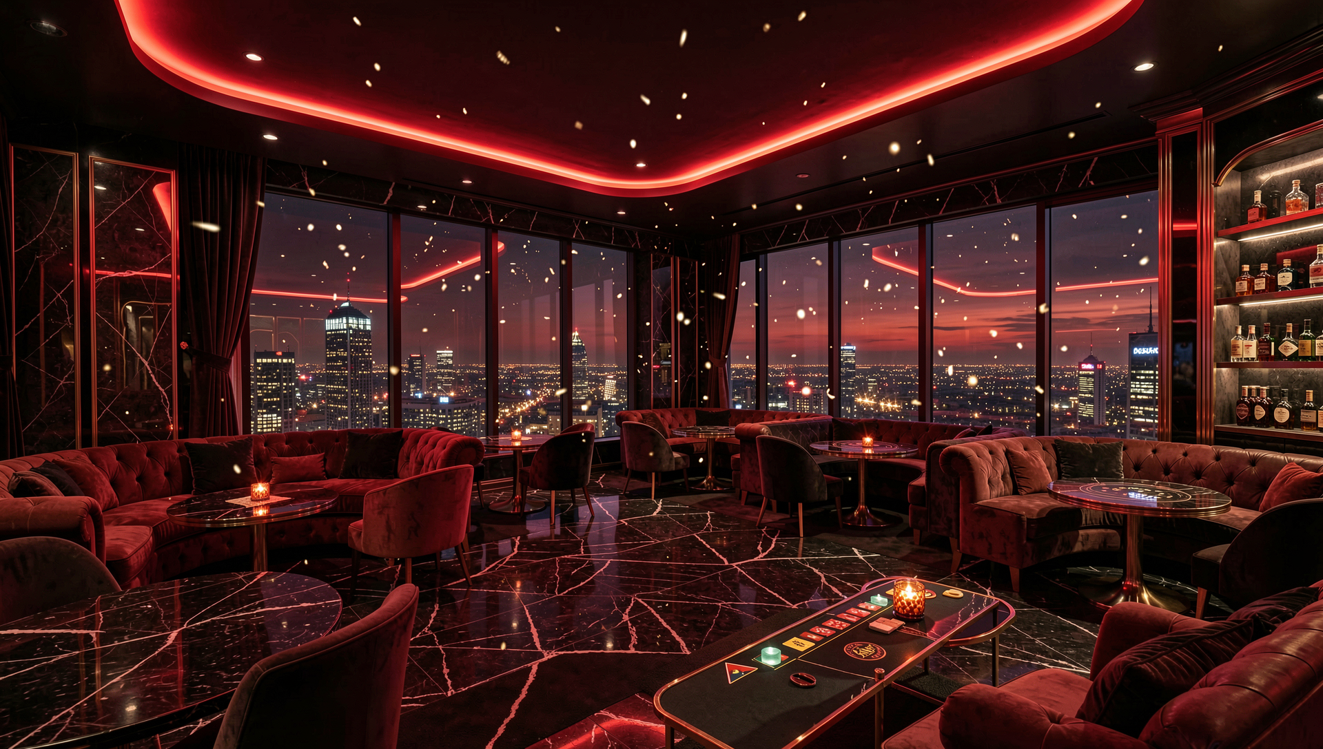 Competitive gaming arena bathed in crimson light representing the High Flye hub